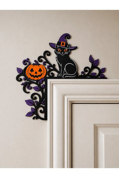 SZD Design Cadılar Bayramı Halloween Cadı Şapkalı Kedi Kapı Ve Pencere Çerçev...
