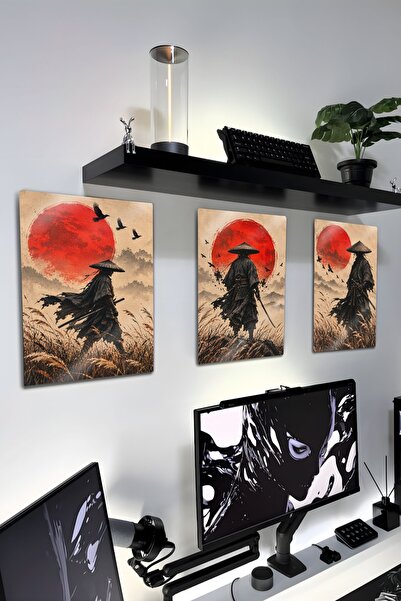 DekorHane Metal Baskı - Kızıl Güneş ve Samuray Japon Mitolojisi Üçlü Tablo Ga...