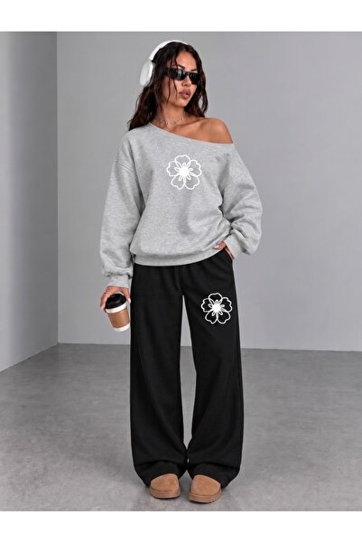FUFLUNS Drawing Flower Printed Women's Boat Neck Top/Sweatshirt Track Suit Set