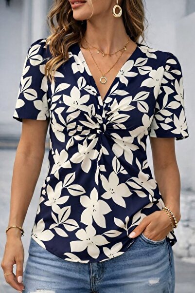 MYSSHOES Women's short sleeve v-neck floral print supreme blouse