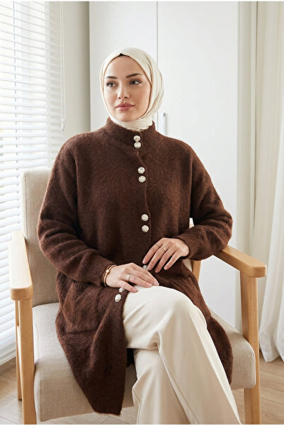Kirazca Butik Women's Livia Stone Buttoned Bearded Knitwear Long Cardigan
