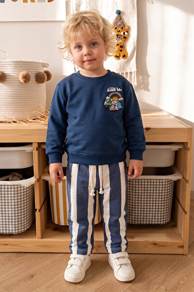 Babymod Boy's Cotton Navy Blue Sweatshirt and Striped Bottoms Set