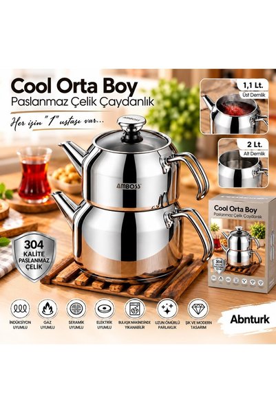 abnturk 304 Kalite Paslanmaz Çelik Orta Boy Çaydanlık-1,1lt Demlik ve 2lt Su ...