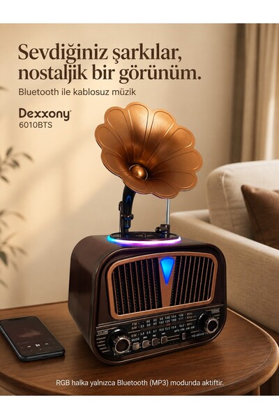 Dexxony Elite 6010BTS Güneş Panelli Bluetooth Nostaljik Gramofon Radyo