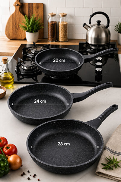Gülümseten Avm 3’lü Döküm Tava Seti 20-24-28 cm | Granit Görünümlü Yapışmaz Tava Takımı
