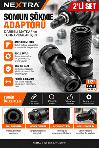 NEXTRA Mandrenli Bits Adaptörü Somun Sökme Takma Aparatı Darbeli Matkap Şarjl...