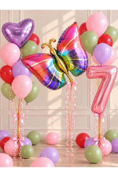 ALYA Party 7 Year Old Butterfly Birthday Balloon Set |   Rakam Folyo |   Hear...