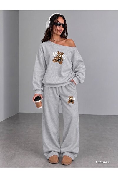 FUFLUNS Honey Bear Printed Women's Boat Neck Sweatshirt/Top Sweat Suit Set