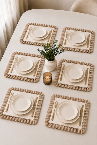 ZİLCA HOME 6-Piece Ruffled American Service Plate Set – Cream Color Stylish and Decorative Table Presentation Set