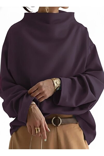 MYSSHOES Women's Long Sleeve Wide Turtleneck Modal Plum Blouse