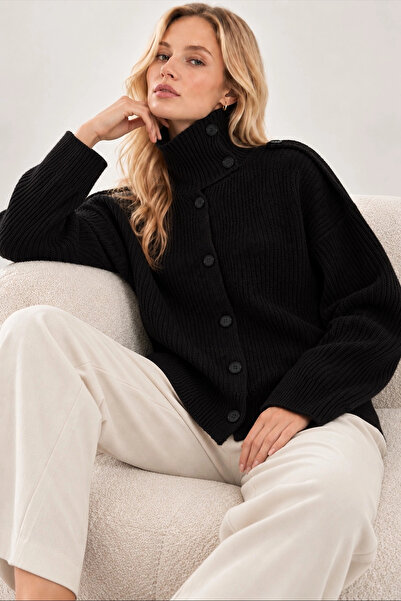 Lusin Women's Black Stand Collar Buttoned Oversize Knitwear Cardigan with Sho...