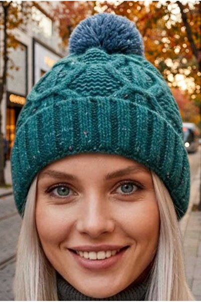 Mood Agenda Women's Pompom Hair Braided Metallic Thread Knitwear Winter Beanie