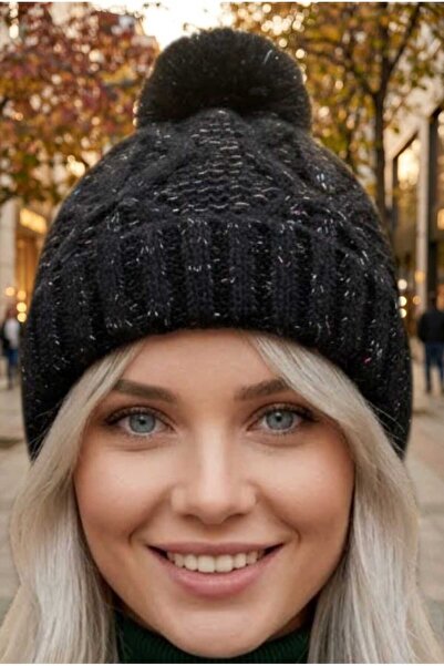 Mood Agenda Women's Pompom Hair Braided Metallic Thread Knitwear Winter Beanie