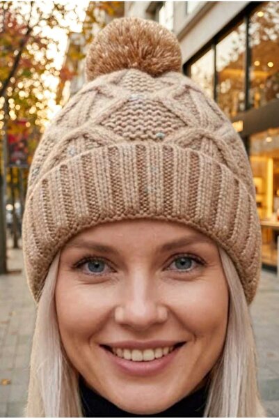 Mood Agenda Women's Pompom Hair Braided Metallic Thread Knitwear Winter Beanie