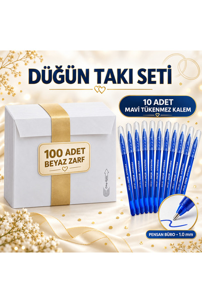 Art Tone Düğün ve Nişan Takı Kayıt Seti – Ağzı Yapışkanlı 100 Para Zarfı ve 10 Pensan Mavi Tükenmez Kalem