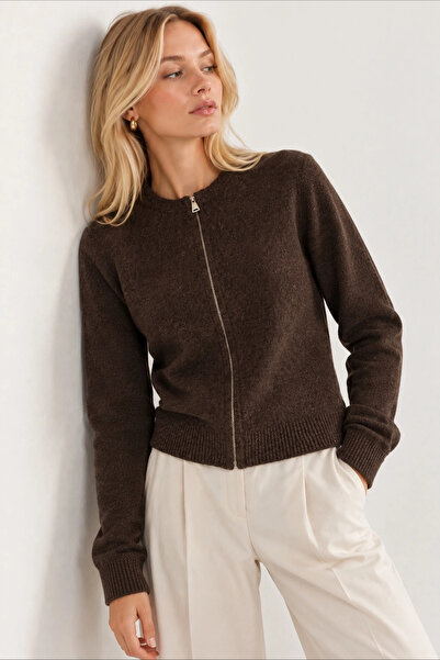 Lusin Cardigan de damă, maro, cu fermoar, cu decolteu tip crew, cu model, din...