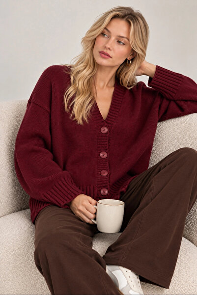Lusin Women's Brown V-Neck Buttoned Loose Cut Long Sleeve Knitwear Cardigan