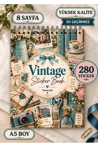 VORACRAFT 280 Adet Vintage Sticker Book 8 Sayfa A5 , Ajanda Journal Scrapbook...