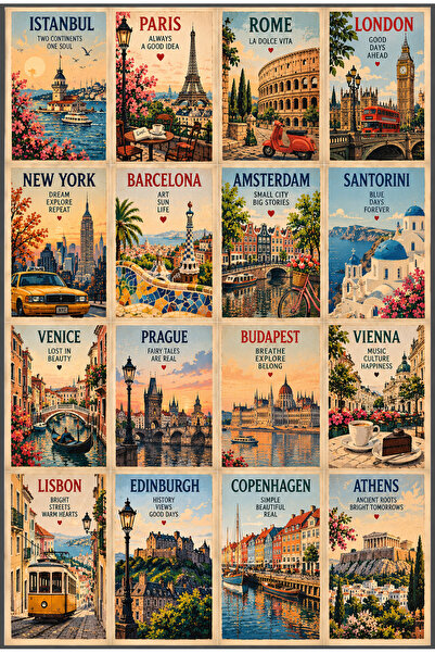 Genel Markalar Vintage Retro Nostaljik Şehir Kartpostal Seti – 16 Parça - Kar...