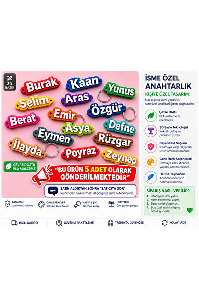 Kişiye özel isimli anahtarlık 5 adet olarak gönderilmektedir