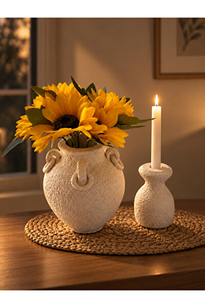 G&M Trend Taş Tozu Beton Ayçiçekli Vazo & Mumluk Seti 🌻🕯️
