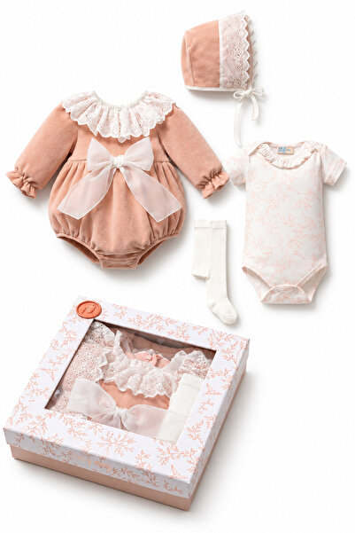 LİLİYUM Baby Girl 3-6 Months Luxury Velvet Romper Set with Lace Collar and Bo...
