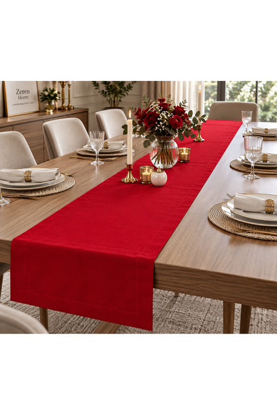 Zeren Home Kırmızı Runner 40x260 cm Soft Kadifemsi Dokulu Uzun Masa Örtüsü Ru...