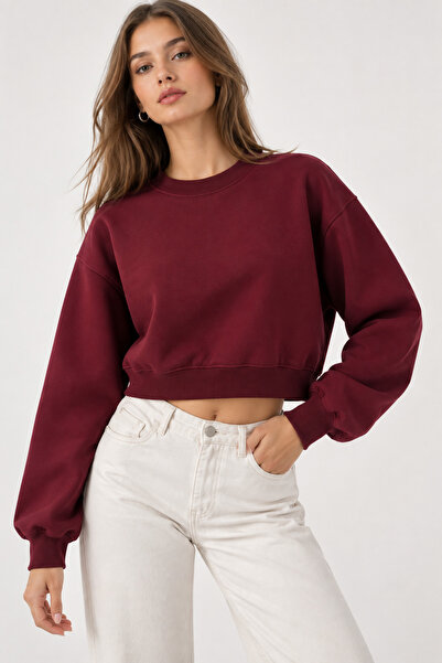 Kadın Crop Sweatshirt Bisiklet Yaka Uzun Kollu Basic Günlük Sweat