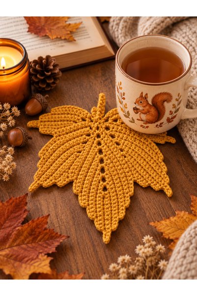 SevseHobi Hubush Set of 2 Hand Knitted Autumn Leaf Coasters – Tile & Mustard