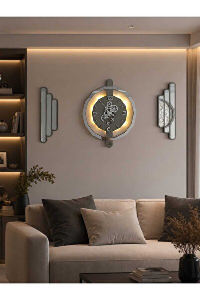 aSSe Tasarım 3lü Set Duvar Saati Hareketli Çarklı ve Ledli Premium Rotating G...