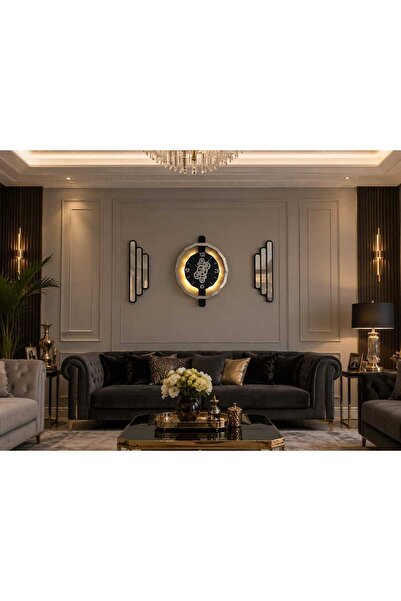 aSSe Tasarım 3lü Set Duvar Saati Hareketli Çarklı ve Ledli Premium Rotating G...