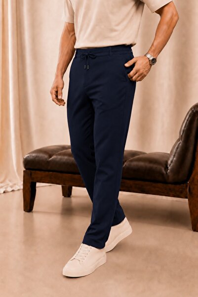 LAVOS Erkek Lacivert Pike Kumaş Jogger Pantolon Beli Lastikli Bağcıklı Likral...