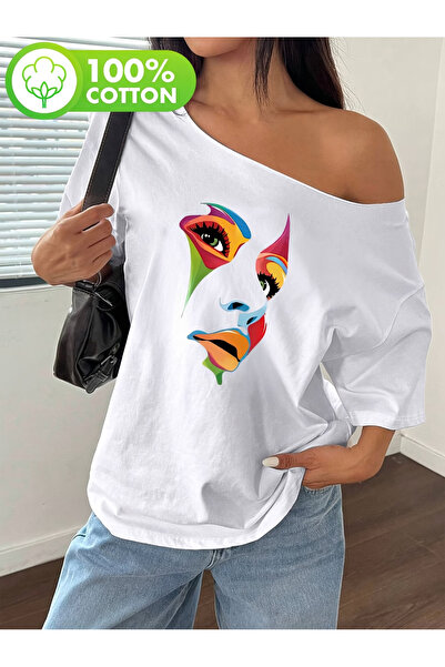 OVER HEAD Tricou de damă, colorat, cu imprimeu facial, cu gât barcă și umeri ...