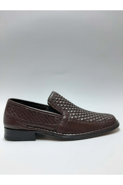 TOPRAKLI Shoes Genuine Leather Classic Brown Laceless Knitted Model Genuine L...