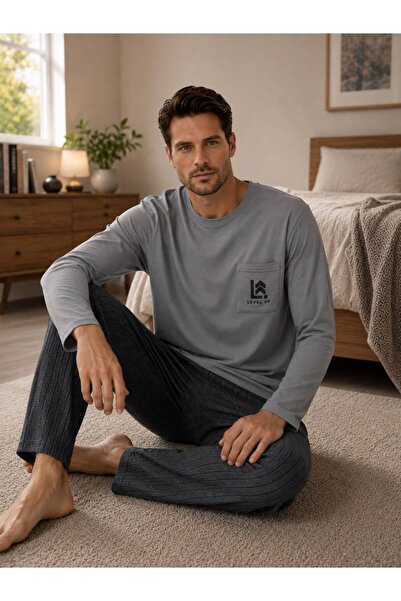 İpek Men's Long Sleeve Crew Neck Pajama Set with Pocket Detail, Striped-Gray ...