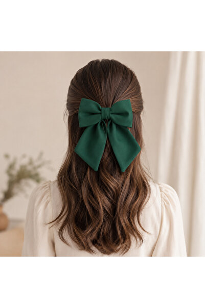 JZ MODA Dark Green Chiffon Bow Automatic Clip-On Hairpin - Ribbon Hair Access...