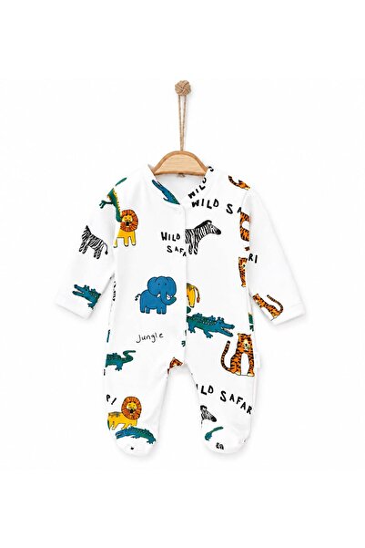 LİLORA Baby Jumpsuit Safari Patterned White Long Sleeve Baby Jumpsuit with Bo...
