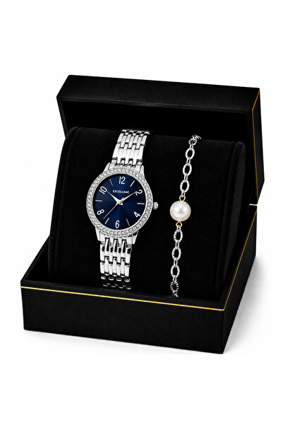 Excellanc Set Cadou Dama Ceas Argintiu Cadran Albastru si Bratara Perle in Cu...