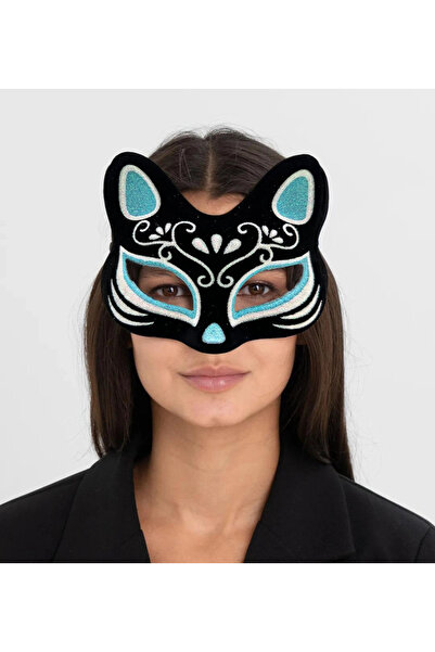 Livenda Black suede covered silver blue glitter cat mask 17x14 cm