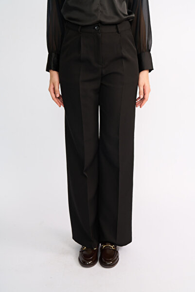 Volanlı Black Pleated High Waist Fabric Trousers