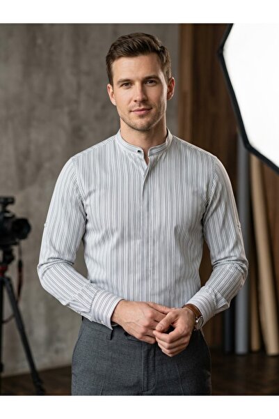 Chordi Men's Slim Fit Long Sleeve 100% Cotton Striped Shirt with Stand Collar