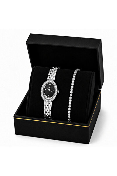 MC Women's Gift Set Oval Silver Watch with Gray Dial and Tennis Bracelet in G...