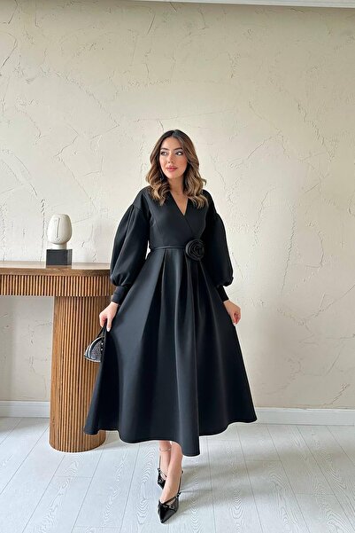 End Black Store Siyah Gül Detaylı Scuba Elbise