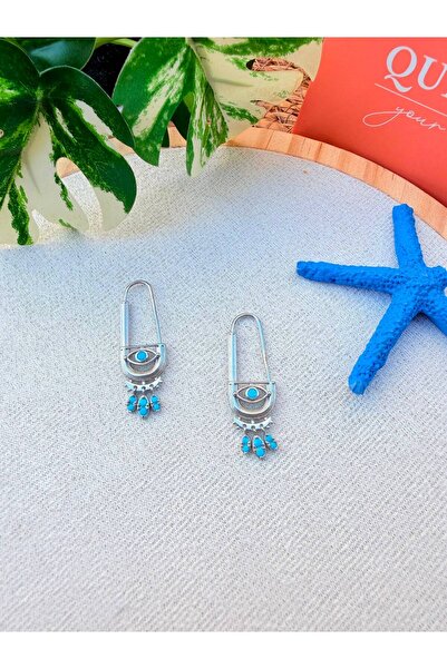 RODYUM KAPLAMA TURKUAZ TAŞLI ATAÇ MODEL KÜPE ( BOY 3.7 CM , GENİŞLİK 1.3 CM )