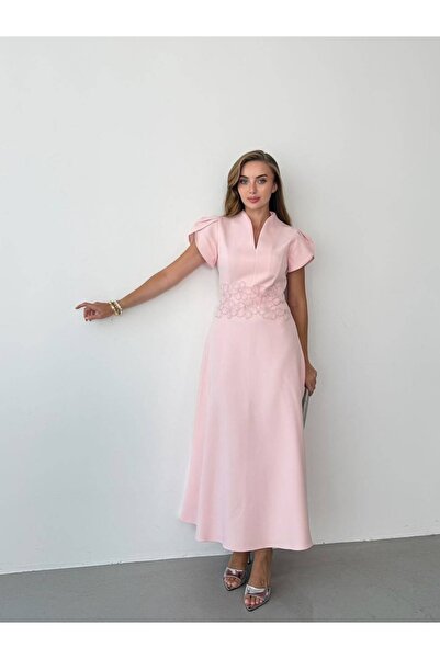 Roserella Tekstil ROZA Midi Elbise - Pembe