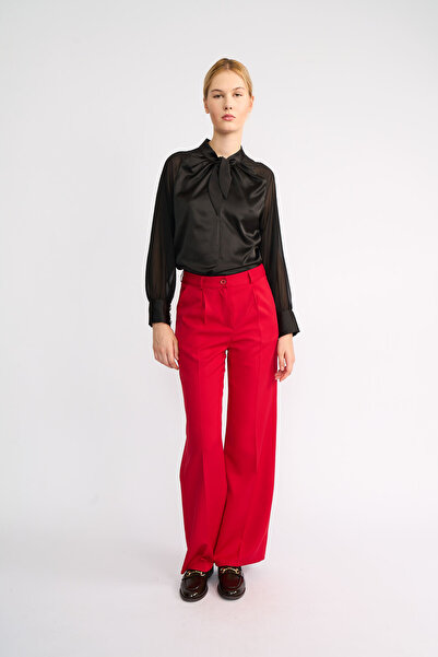 Volanlı Red Pleated High Waist Fabric Trousers
