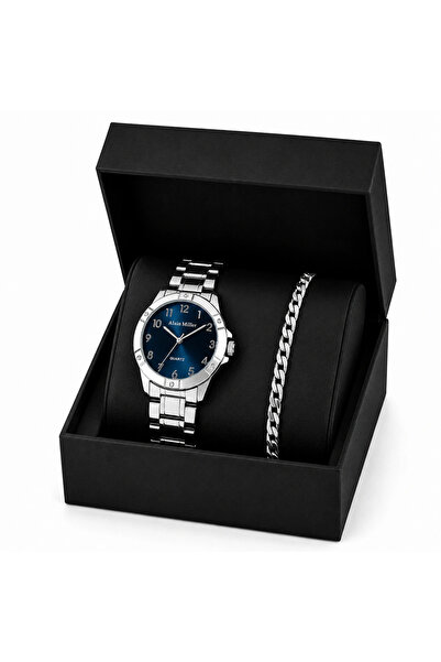 Alain Miller Set Cadou Barbati Ceas Argintiu si Bratara Inox in Cutie Cadou -...