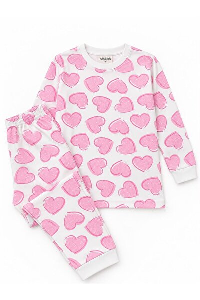 ALİŞ KİDS Girls Cotton White Pink Heart Patterned Long Sleeve Crew Neck Pajam...