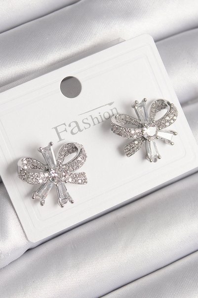 Livenda Brass Silver Color Zircon Stone Bow Model Women's Earrings Tj-Bkp9779