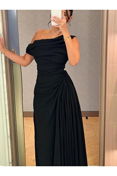 Heidi Black One Shoulder Evening Dress with Royal Draping Folds